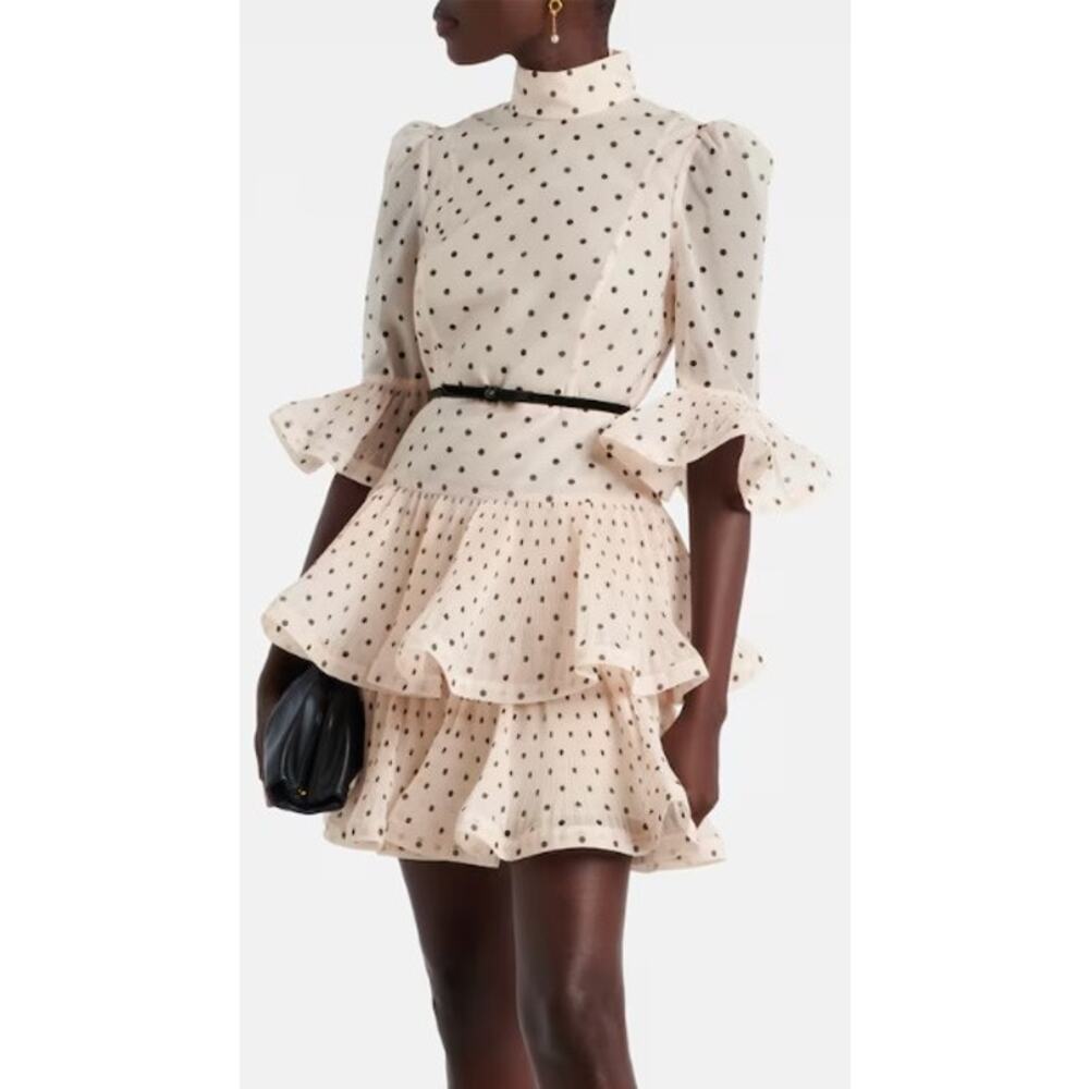 Zimmermann Cream Polka Dot Mini Dress with Black Belt - Picture 3 of 11